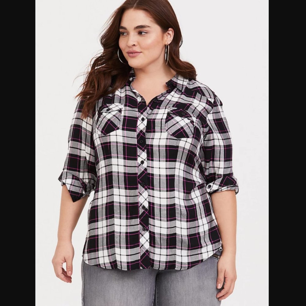 TORRID TAYLOR PLAID RAYON TWILL CAMP SHIRT